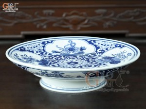 Mâm bồng men trắng họa tiết Tứ Cảnh Tài Lộc, đường kính 20cm