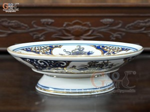 Mâm bồng men trắng họa tiết Tứ Cảnh Tài Lộc vẽ vàng 24k, đường kính 32cm