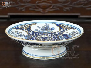 Mâm bồng men trắng họa tiết Tứ Cảnh Tài Lộc vẽ vàng 24k, đường kính 32cm