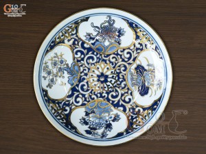 Mâm bồng men trắng họa tiết Tứ Cảnh Tài Lộc vẽ vàng 24k, đường kính 32cm