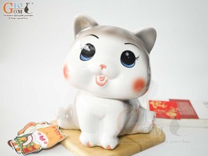 Mèo sứ tiết kiệm dáng mắt to màu xám cao 28cm