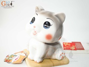 Mèo sứ tiết kiệm dáng mắt to màu xám cao 28cm