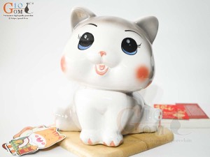 Mèo sứ tiết kiệm dáng mắt to màu xám cao 28cm