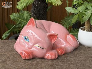 Mèo sứ tiết kiệm dáng nằm màu hồng, dài 39cm