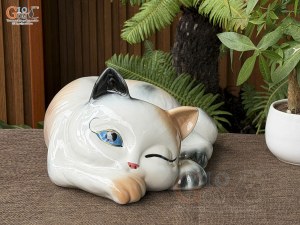 Mèo sứ tiết kiệm dáng nằm màu xám, dài 32cm