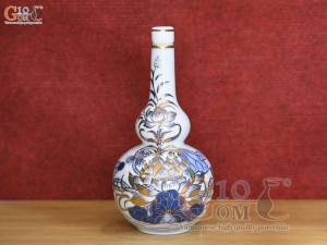 Nậm rượu 2 bầu Đại Phát men lam cổ vẽ vàng kim 24k cao cấp, 500ml