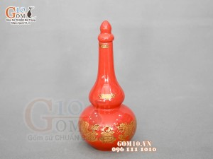 Nậm rượu 2 bầu họa tiết Rồng Phúc - Lộc - Thọ vàng kim men đỏ, cao 19cm