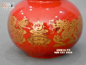 Nậm rượu 2 bầu họa tiết Rồng Phúc - Lộc - Thọ vàng kim men đỏ, cao 19cm