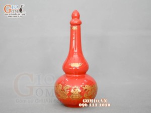 Nậm rượu 2 bầu họa tiết Rồng Phúc - Lộc - Thọ vàng kim men đỏ, cao 19cm