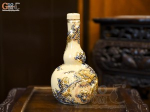 Nậm rượu 2 bầu men hoàng tộc đắp nổi Rồng Như Ý vẽ vàng 24k, 0,3L