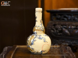 Nậm rượu 2 bầu men hoàng tộc đắp nổi Rồng Như Ý vẽ vàng 24k, 0,3L
