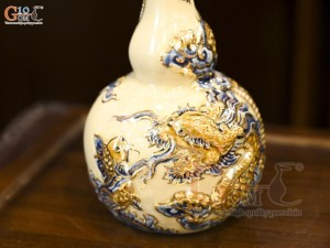 Nậm rượu 2 bầu men hoàng tộc đắp nổi Rồng Như Ý vẽ vàng 24k, 0,3L