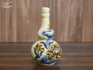 Nậm rượu 2 bầu men hoàng tộc đắp nổi Sen Phú Quý, cao 20cm