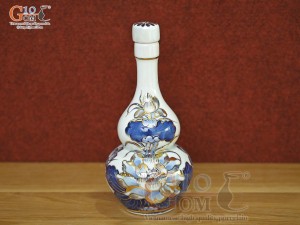 Nậm rượu 2 bầu men lam cổ vẽ Sen Tài Lộc vẽ vàng 24k, 0,2L