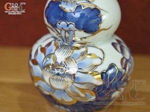 Nậm rượu 2 bầu men lam cổ vẽ Sen Tài Lộc vẽ vàng 24k, 0,2L