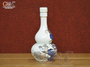 Nậm rượu 2 bầu men lam cổ vẽ Sen Tài Lộc vẽ vàng 24k, 0,2L