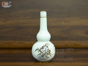 Nậm rượu 2 bầu men lam vẽ Sen Đại Cát vẽ vàng, cao 18cm