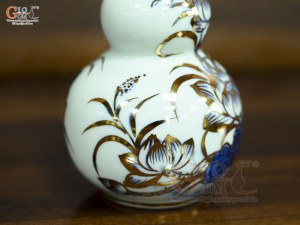 Nậm rượu 2 bầu men lam vẽ Sen Đại Cát vẽ vàng, cao 18cm