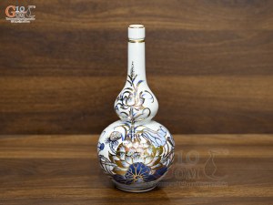 Nậm rượu 2 bầu men lam vẽ Sen Đại Cát vẽ vàng, cao 20cm