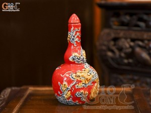 Nậm rượu 2 bầu men màu đắp nổi Rồng Như Ý nền đỏ, 0,3L