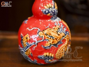 Nậm rượu 2 bầu men màu đắp nổi Rồng Như Ý nền đỏ, 0,3L