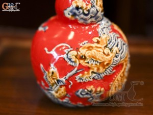 Nậm rượu 2 bầu men màu đắp nổi Rồng Như Ý nền đỏ, 0,3L