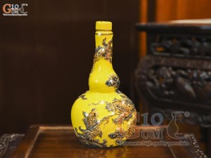 Nậm rượu 2 bầu men màu đắp nổi Rồng Như Ý nền vàng vẽ vàng 24k, 0,5L