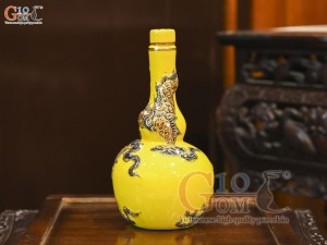 Nậm rượu 2 bầu men màu đắp nổi Rồng Như Ý nền vàng vẽ vàng 24k, 0,5L