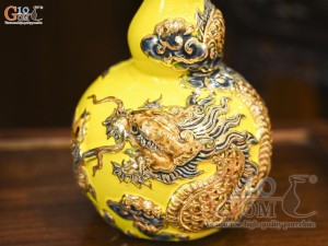 Nậm rượu 2 bầu men màu đắp nổi Rồng Như Ý nền vàng vẽ vàng 24k, 0,5L