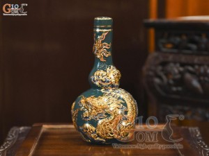 Nậm rượu 2 bầu men màu đắp nổi Rồng Như Ý nền xanh lục bảo vẽ vàng 24k, 0,5L
