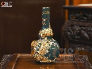 Nậm rượu 2 bầu men màu đắp nổi Rồng Như Ý nền xanh lục bảo vẽ vàng 24k, 0,5L
