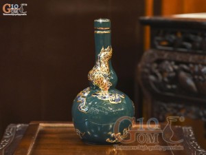 Nậm rượu 2 bầu men màu đắp nổi Rồng Như Ý nền xanh lục bảo vẽ vàng 24k, 0,5L