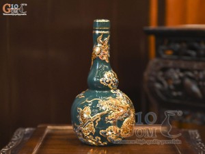 Nậm rượu 2 bầu men màu đắp nổi Rồng Như Ý nền xanh lục bảo vẽ vàng 24k, 0,5L