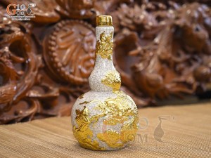 Nậm rượu 2 bầu men rạn đắp nổi Rồng Như Ý dát vàng 24k, 22cm