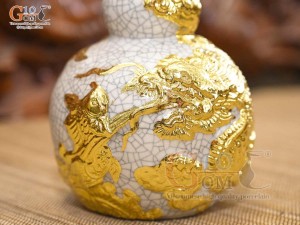 Nậm rượu 2 bầu men rạn đắp nổi Rồng Như Ý dát vàng 24k, 22cm