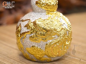 Nậm rượu 2 bầu men rạn đắp nổi Rồng Như Ý dát vàng 24k, 22cm