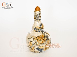 Nậm rượu 2 bầu men rạn đắp nổi Rồng Như Ý vẽ vàng 24k, 22cm