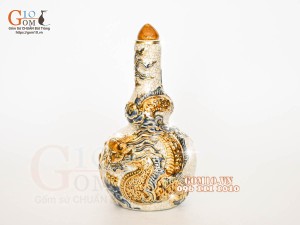Nậm rượu 2 bầu men rạn đắp nổi Rồng Như Ý vẽ vàng 24k, 22cm