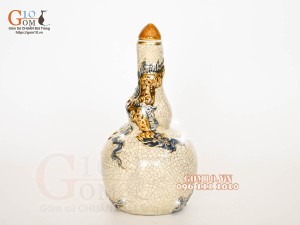 Nậm rượu 2 bầu men rạn đắp nổi Rồng Như Ý vẽ vàng 24k, 22cm