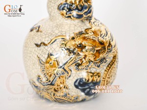 Nậm rượu 2 bầu men rạn đắp nổi Rồng Như Ý vẽ vàng 24k, 22cm