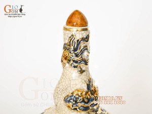 Nậm rượu 2 bầu men rạn đắp nổi Rồng Như Ý vẽ vàng 24k, 22cm