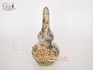 Nậm rượu 2 bầu men rạn đắp nổi Sen - vẽ vàng 24k, cao 23cm
