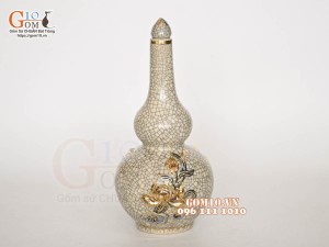 Nậm rượu 2 bầu men rạn đắp nổi Sen - vẽ vàng 24k, cao 23cm