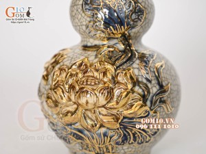 Nậm rượu 2 bầu men rạn đắp nổi Sen - vẽ vàng 24k, cao 23cm