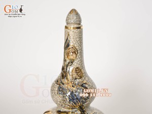 Nậm rượu 2 bầu men rạn đắp nổi Sen - vẽ vàng 24k, cao 23cm