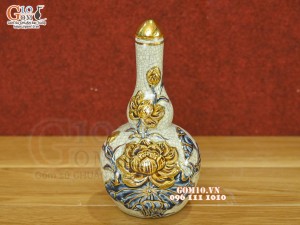 Nậm rượu 2 bầu men rạn đắp nổi Sen Cát Tường vẽ vàng 24k, 22cm
