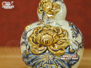 Nậm rượu 2 bầu men rạn đắp nổi Sen Cát Tường vẽ vàng 24k, 22cm