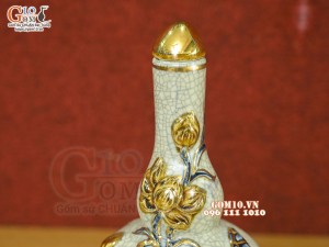 Nậm rượu 2 bầu men rạn đắp nổi Sen Cát Tường vẽ vàng 24k, 22cm