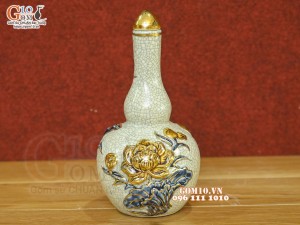 Nậm rượu 2 bầu men rạn đắp nổi Sen Cát Tường vẽ vàng 24k, 22cm