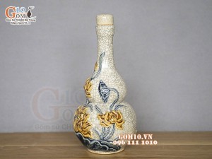 Nậm rượu 2 bầu men rạn đắp nổi Sen Tài Lộc, 24cm